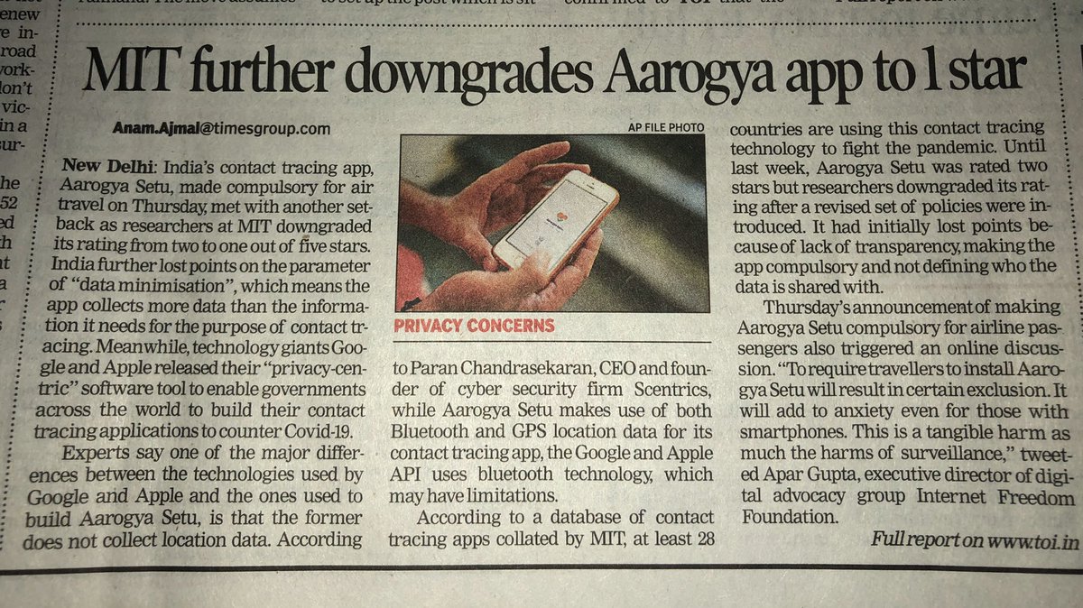 john_seek's tweet image. MIT downgrades Aarogya app to 1 Star. Lack of transparency and data minimization are few being cited. Pls fix it #AarogyaSetu #ArogyaSetu #dataminimisation #AarogyaSetuApp #mit #dataprivacy #google #Apple #toi #scentrics