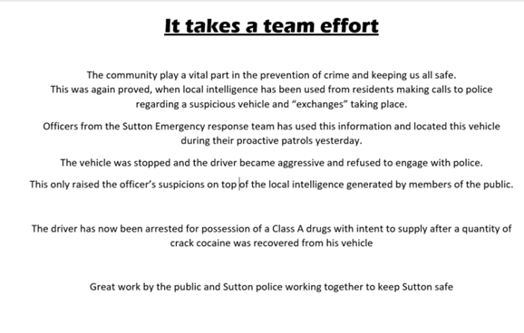 MPSSutton's tweet photo. Thank you to the members of the public and the emergency response team at Sutton. Working together to get this great result.
#TeamWorkMakesTheDreamWork
#CommunitySpirit
#WorkingTogetherForASaferLondon
#TotalPolicing #TogetherWeAreStronger https://t.co/50Ju8B3mcL