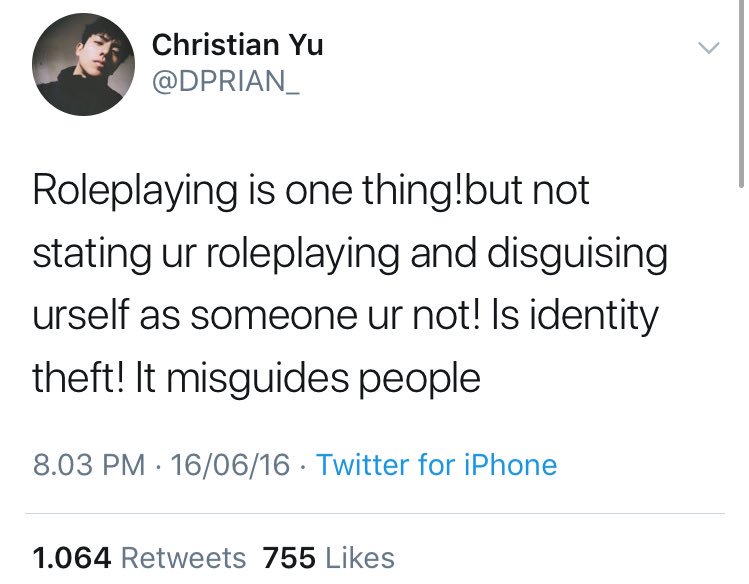 There you can see that Christian himself is okay with roleplay stuff, back in 2016.These tweets too (from 2016 & 2017), he knew the differences between Roleplayers and those Catfishers.