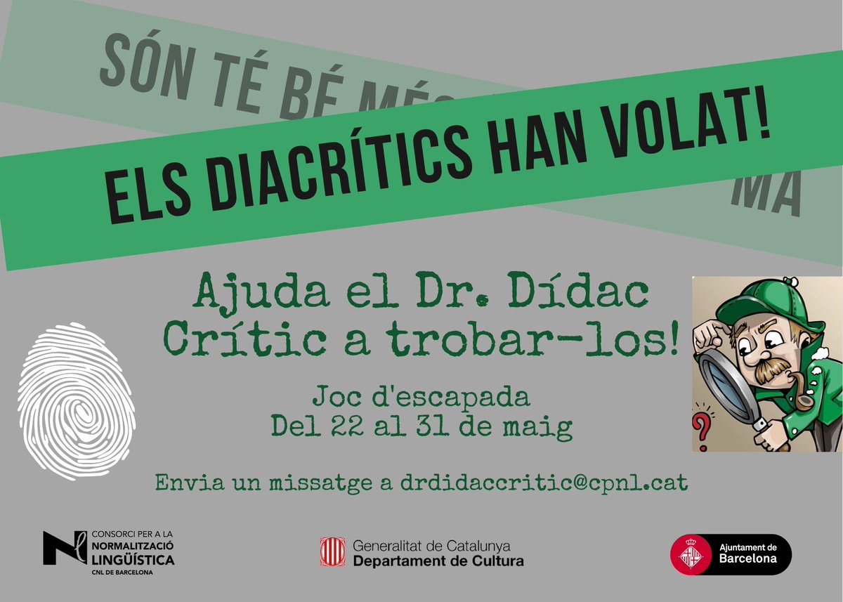 CNLBarcelona's tweet photo. 📣 Ja pots jugar al joc d'escapada virtual #Elsdiacríticshanvolat! 💻🎲🧩

➡️ Com? Molt fàcil! Envia un missatge a drdidaccritic@cpnl.cat i ofereix-te a ajudar el Dr. Dídac Crític a trobar els diacrítics que ha perdut! Rebràs tota la informació per començar a jugar! 🙌🙌 https://t.co/g9S3EL4Jz4