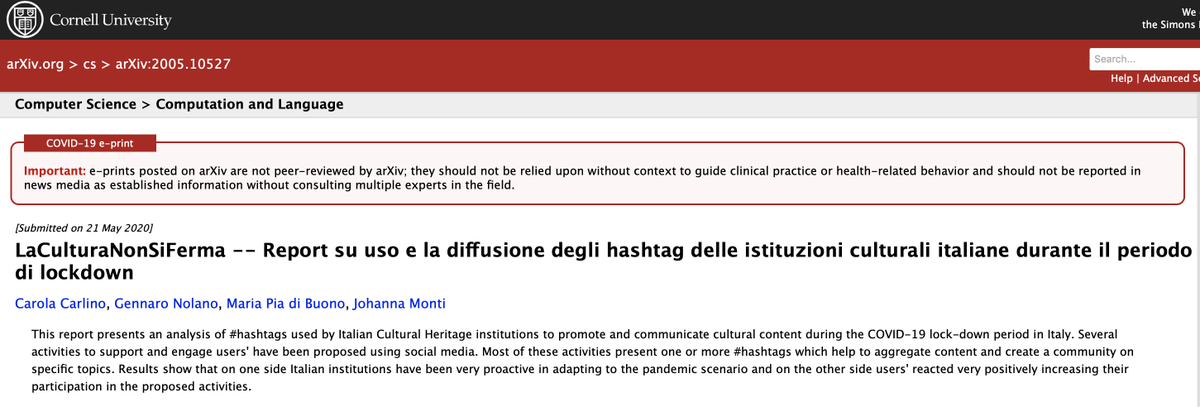 Ecco un nostro contributo su #laculturanonsiferma durante il periodo del COVID-19 
<a href="/Carola_Carlino/">Carola Carlino</a> <a href="/GNolano/">Gennaro Nolano</a> <a href="/desertiedemoni/">Maria Pia di Buono</a>
 
arxiv.org/abs/2005.10527