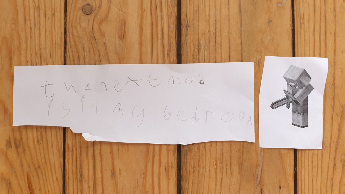 professor_dave's tweet image. This morning the 7yo is writing a Minecraft-themed &apos;mob-hunt&apos; around the house - I have to find them using the clues he independently writes and them &apos;kill&apos; them.
#WritingLesson #LearningThroughPlay
#Honeschool #Minecraft