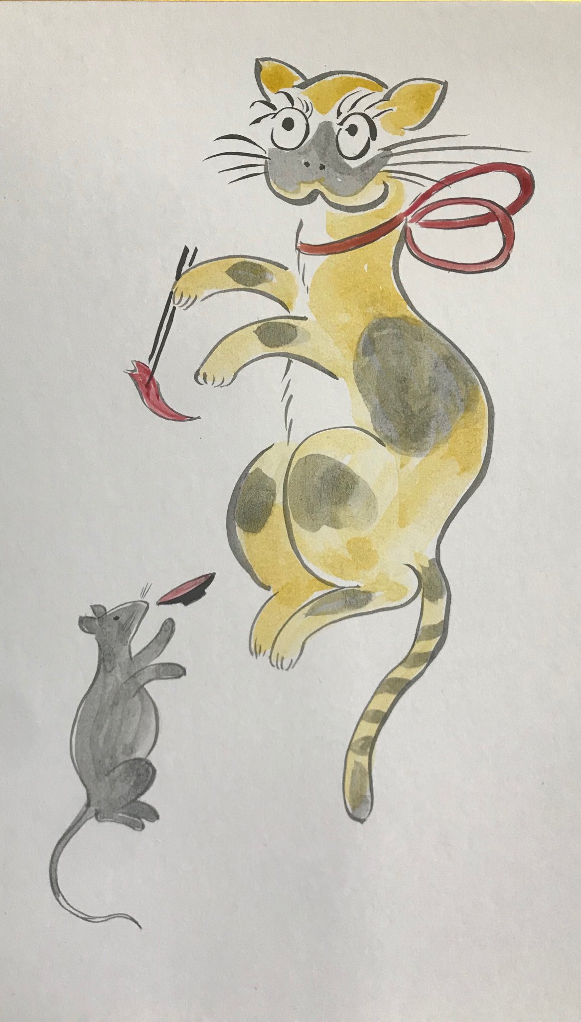 模写大津絵、酒呑猫 尾九 開運イラスト 商売繁盛 招き猫達磨 福文字 A4サイズ