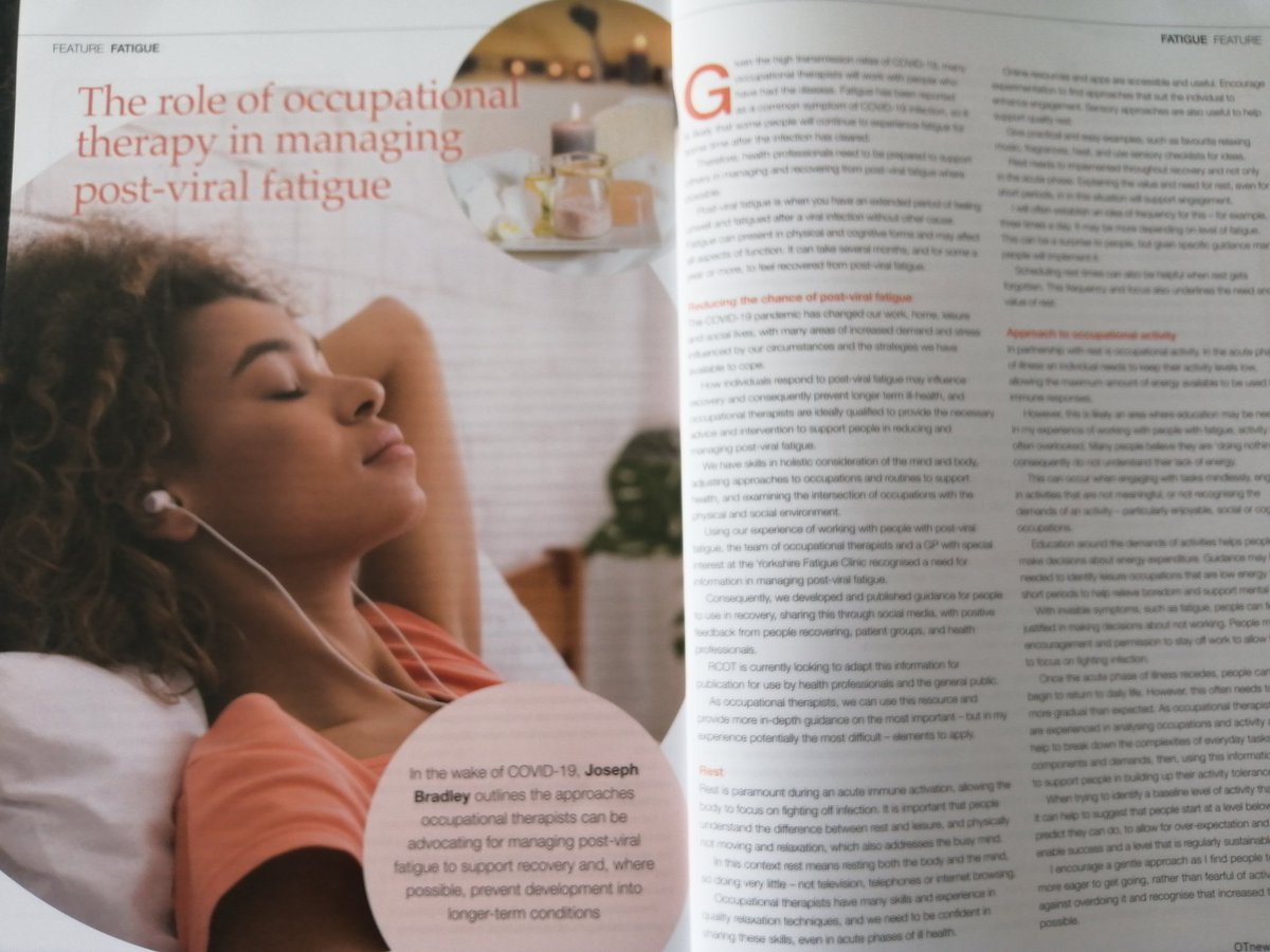 Great article in @OTnews about #OccupationalTherapy role in managing post #COVIDー19 fatigue @JoetheOT @salfordroyalot @srftphysio @cochrane44kim @kathryn_atkin #fatigue #invisiblesymptom #coreskills #gradedactivity #rest #energyconservation