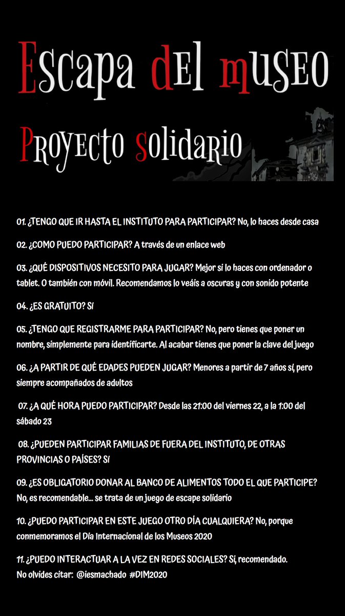 iesmachado's tweet photo. Noche Museos 2020: "Escapa del museo"
En esta infografía respondemos a tus preguntas, para que disfrutes en familia con tu juego de escape
Esta noche. Enlace aquí https://t.co/03BjGmQoFE operativo desde las 21:00 #DIM20 #MachadoSolidario https://t.co/j3FOqoopP4