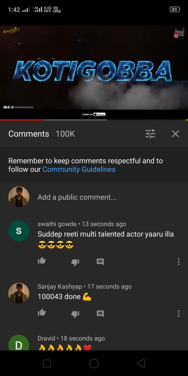 SanjayKashyapJ1's tweet photo. #k3titeltrack #k3firstsingle #100kcomments #firstever100kcommentedlyrical done. Well done sudeepians. @KicchafansKKSFA @KicchaSudeep @aanandaaudio @anupsbhandari @KKSFN_Official @Kichcha_girls @Kichchacreatiin @KSFA_Official @KicchanHudugru @KicchaFC . 👌👌👌 https://t.co/5xdDjGw9vR