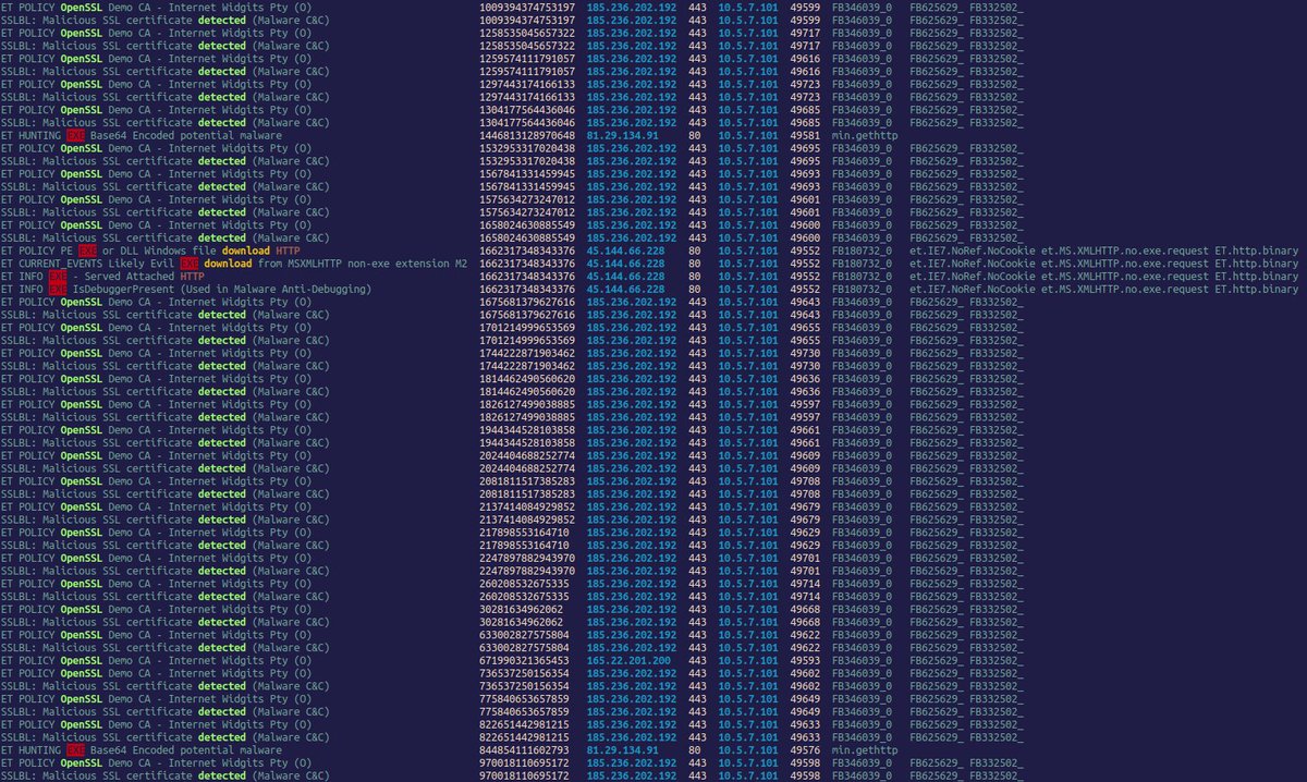 seguridadyredes's tweet photo. #brim/Zeek_IDS 
Flujo HTTP (_path="http")  -> File/Notice > #Wireshark + #Virustotal + #Suricata_IDS

 ag ja3 eve.json --nonumber |jq .flow_id |sort|uniq|xargs -I{} jq -c 'select(.flow_id=={} and .alert and .tls.ja3)| [.src_ip,.dest_ip,.alert.signature,.tls.ja3.hash]' eve.json https://t.co/EYGqnNqB9N