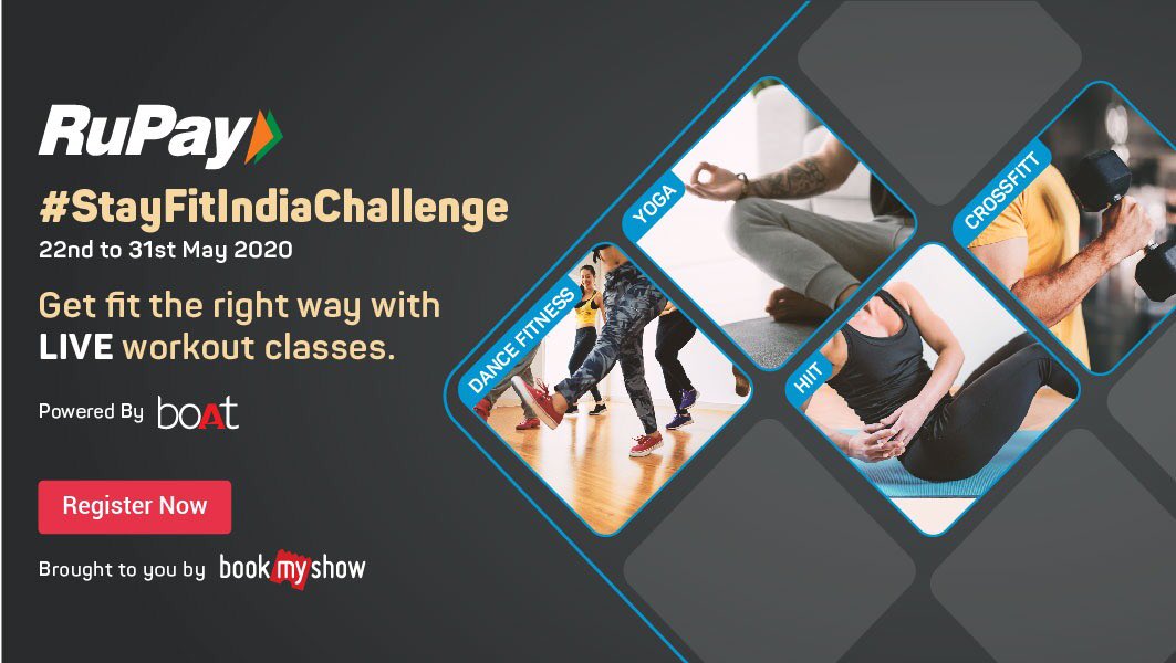 RuPay_npci's tweet photo. Make fitness your favourite habit with RuPay! Register now at https://t.co/P7Wqs6qmCg & get fit with live workout classes. #StayFitIndiaChallenge #RuPaySelect #RuPay #SelectExperiences #SelectYou https://t.co/GT00q2P6CN