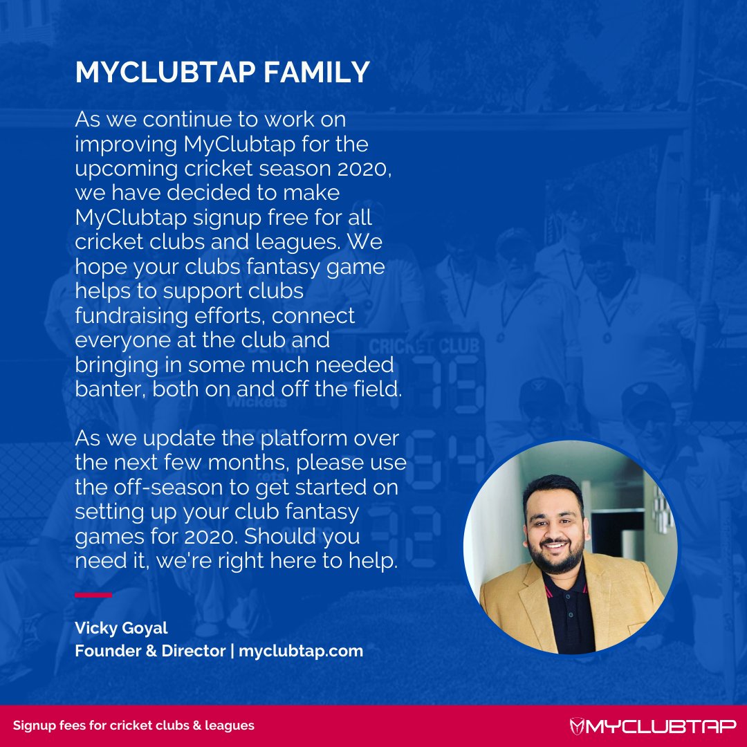 📢 for all cricket clubs and leagues 🏏

Should you need to activate your clubs fantasy game between now and September 2020, simply email us for a free activation of your game.

For more details, please email vicky@myclubtap.com or call 0425882907.

#myclubtap #clubfantasycricket