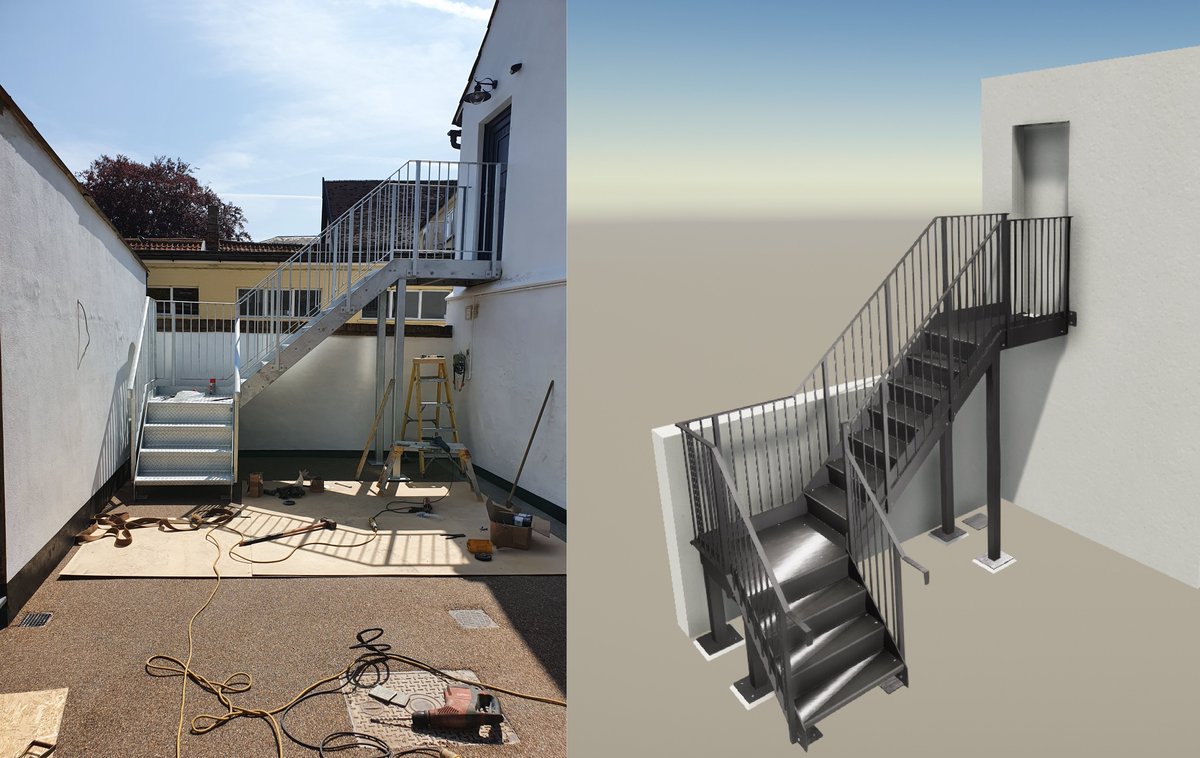 dalksteel's tweet photo. From Tekla to erection. A nice little staircase to get us back in the swing of things! #tekla #staircase #steeldetailing #steelfabrication #draughting https://t.co/RuR2oKjGdh