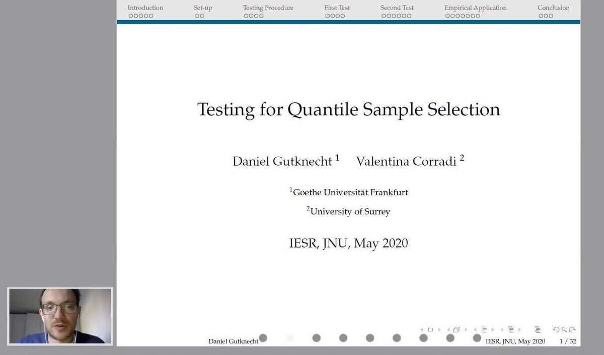 IESR_Jinan's tweet photo. IESR #webinar | Daniel Gutknecht (Faculty of Economics and Business, Goethe University Frankfurt @goetheuni) shares his paper that provides a testing approach for detecting sample selection in nonparametric conditional quantile functions. https://t.co/iUwsLYwADQ #EconTwitter https://t.co/WUkSJfzw7m