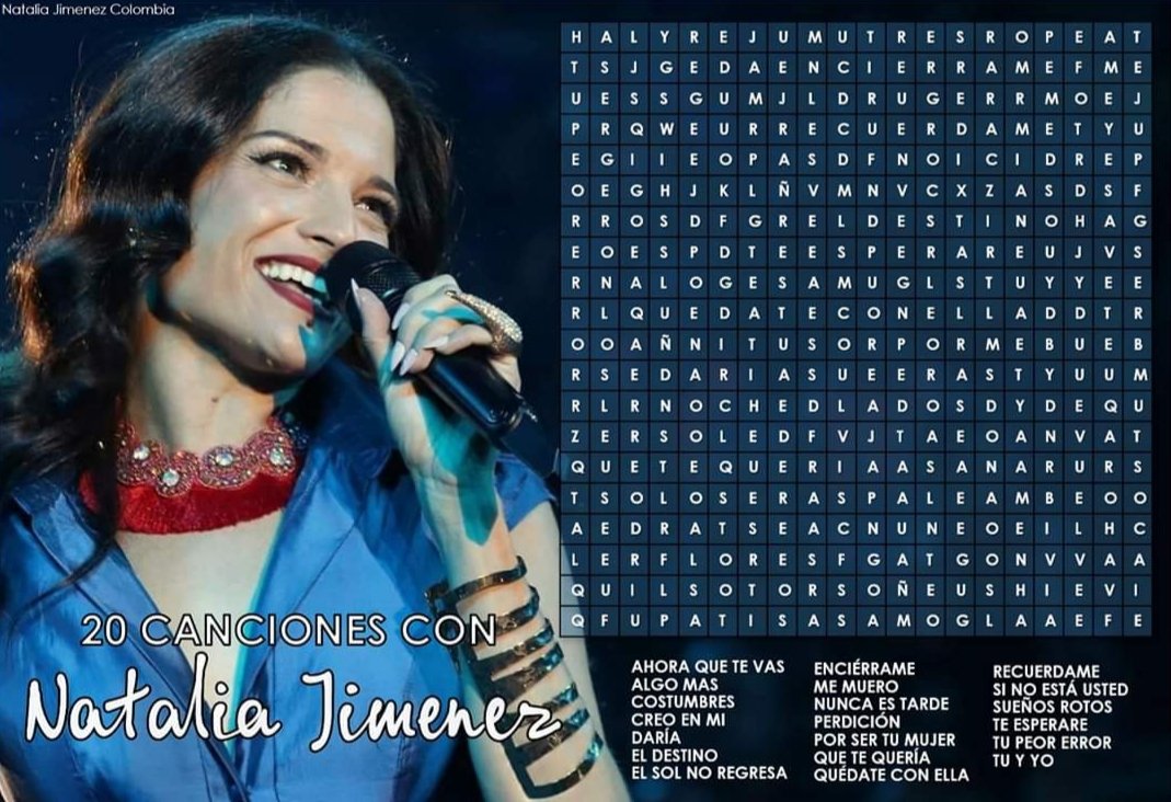 NathArmyCol's tweet photo. #NatArmy!!

¿Te animas a resolver esta sopa de letras?

Encuentra las 20 canciones ocultas de nuestra @NataliaJimenez 🥰 https://t.co/uuaYyZ5igi