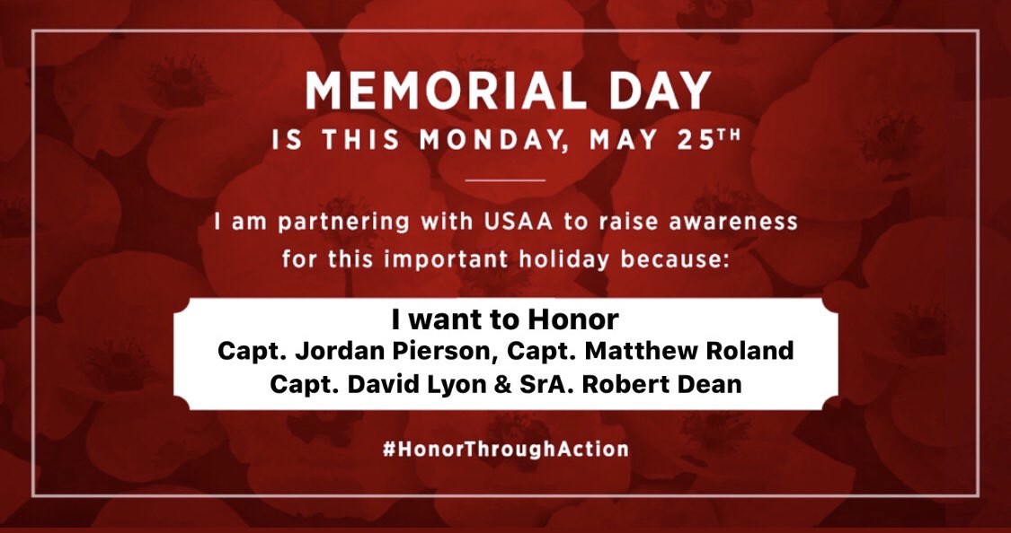 Memorial Day is this coming Monday, 5/25.  Please take a moment to remember those who gave their lives to protect our country and freedom. Join me in paying tribute to them - head to PoppyInMemory.com to learn more. #USAAPartner #HonorThroughAction