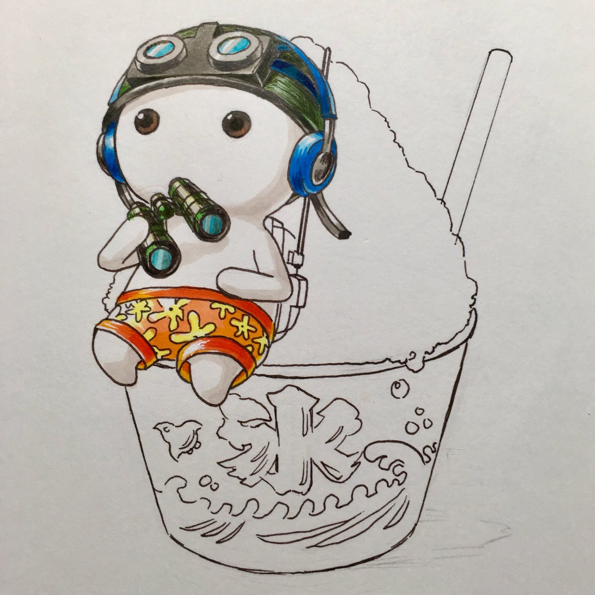 koide_david's tweet photo. 「何で描いてるんですか」
とよく聞かれるので、
メイキング公開します。

鉛筆
↓
コピックライナー
↓
コピック+水性ペンでハッチング

絵の価値は画材で決まりません。
それだけは忘れずに〜！

#ミルクチョコオンライン
#イラスト
#かき氷始めました https://t.co/FGBiPIvXhF