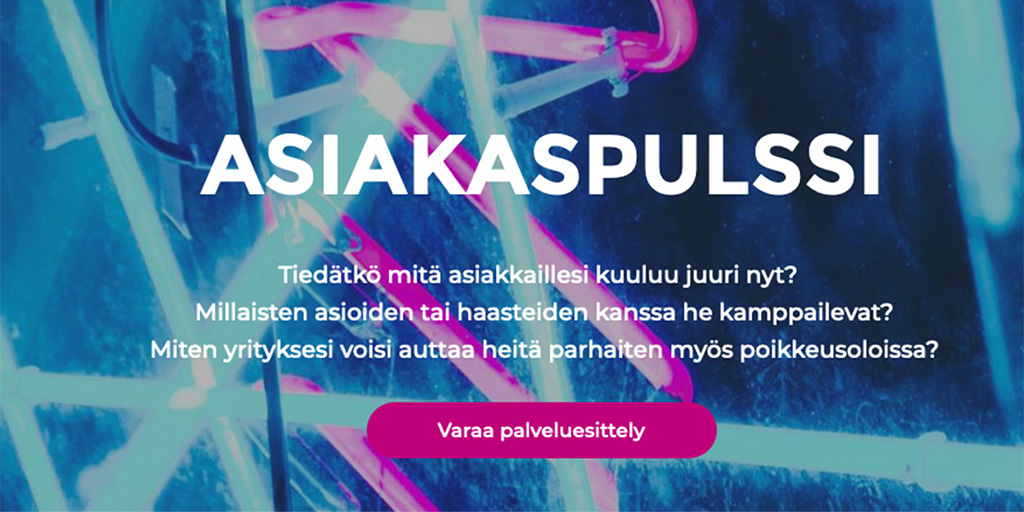 FunnelGroup's tweet photo. Asiakaspulssi kertoo ketterästi ja nopeasti #b2b asiakkaidenne kuulumiset ja avuntarpeen. Voimmeko auttaa teitäkin kirkastamaan näkymää asiakkaiden arkeen? https://t.co/f2vKS1OBTh https://t.co/pnc9q5apaw