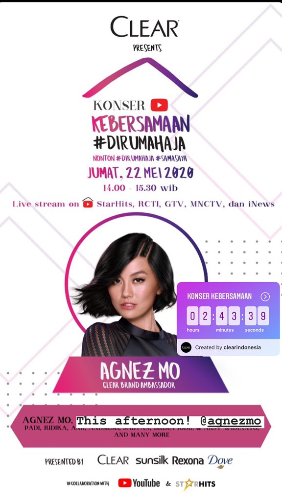 MIKAAFFANDY's tweet photo. This afternoon, catch @agnezmo ‘s performance on @CLEARIndonesia Konser Kebersamaan #AGNEZMOKonserKebersamaan 2pm! https://t.co/or9hvb6DDG