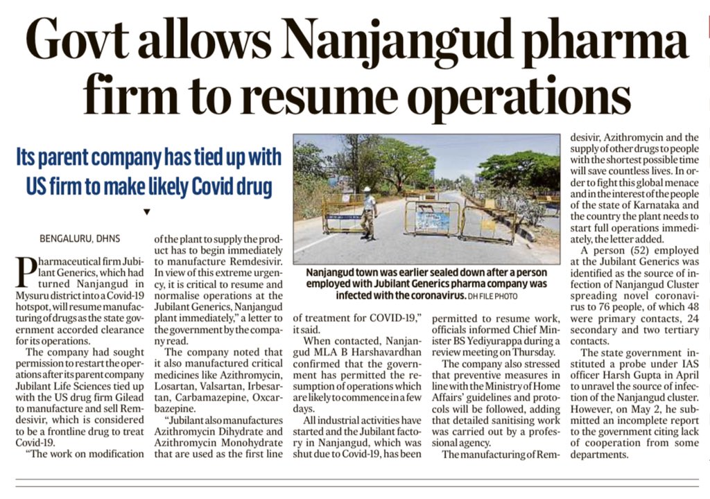 “Work on modification of  #JubilantGenerics plant has to begin immediately to manufacture  #Remdesivir. In view of this extreme urgency, it is critical to resume and normalise operations:” the “single-source” of 82% COVID cases in Mysore in letter to  @BSYBJP govt.  @GileadSciences