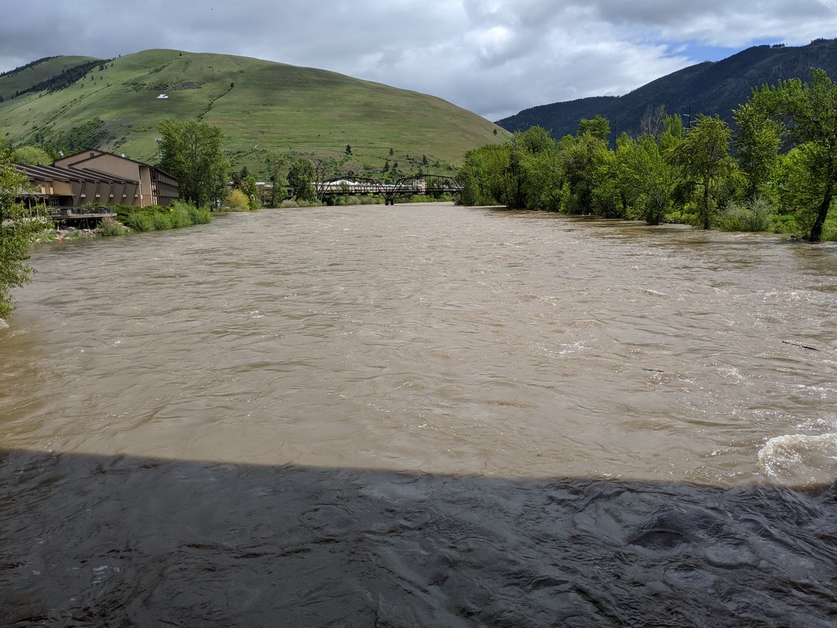 Clark Fork River in Missoula, at ~20,000 cfs (570 cms), a 4-5 year recurrence interval flood, adjacent to <a href="/umontana/">University of Montana</a> campus.