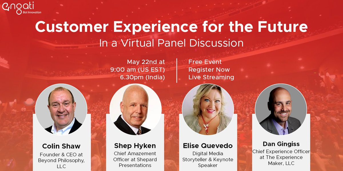 getengati's tweet photo. The Titans of CX go live today. Will you be joining them? Register here: https://t.co/YSWSkUh8pW

#engatiengage #cxpaneldiscussion #customerexperience #customersuccess #keynotespeakers  #fridayeve  #thursdayvibes #thursdaymotivation #elisequevedo #shephyken #colinshaw #dangingiss https://t.co/EEJegYKlVe