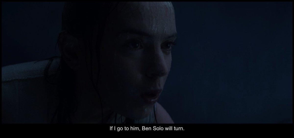 Due to her connection to Kylo and a vision of the future she believes that she can convince him to turn back to the light and become the hero. She offers the saber to Luke once more and when he refuses she goes to Kylo.