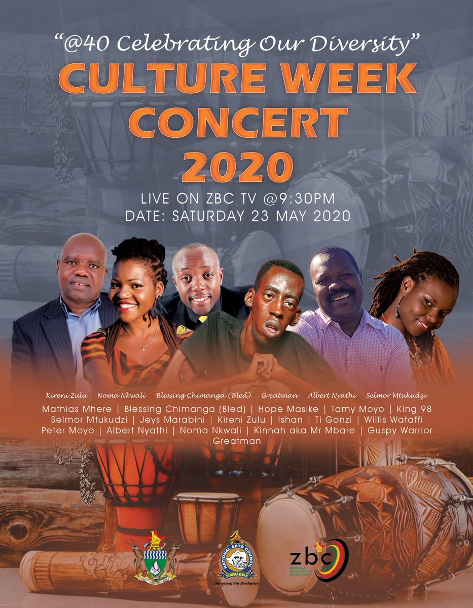 Greatman in Culture Week Concert Line Up. Live <a href="/ZBCTV/">ZBCTV</a>, NACZ Facebook page.
<a href="/NicMoyo/">Nicholas Moyo</a> @moysarzim <a href="/ByoArtsAwards/">#BAA8</a> <a href="/NatGalleryZimb/">National Gallery of Zimbabwe</a> <a href="/iMisred/">MISRED</a> <a href="/ByoArtsFestival/">Bulawayo Arts Festival</a> <a href="/nehoreka1/">PERCY PINIAS NHARA</a> <a href="/HeraldZimbabwe/">The Herald Zimbabwe</a> <a href="/NewsDayZimbabwe/">NewsDay Zimbabwe</a> <a href="/DailyNewsZim/">@DailyNewsZim</a> <a href="/MboMahocs/">#TheLegacy</a> <a href="/jcmczw/">Jacaranda Culture and Media Corporation</a> <a href="/culturefundzim/">Culture Fund</a> <a href="/zfidp/">Zimbabwe Film Industry Development Platform</a> <a href="/zi/">s c</a>