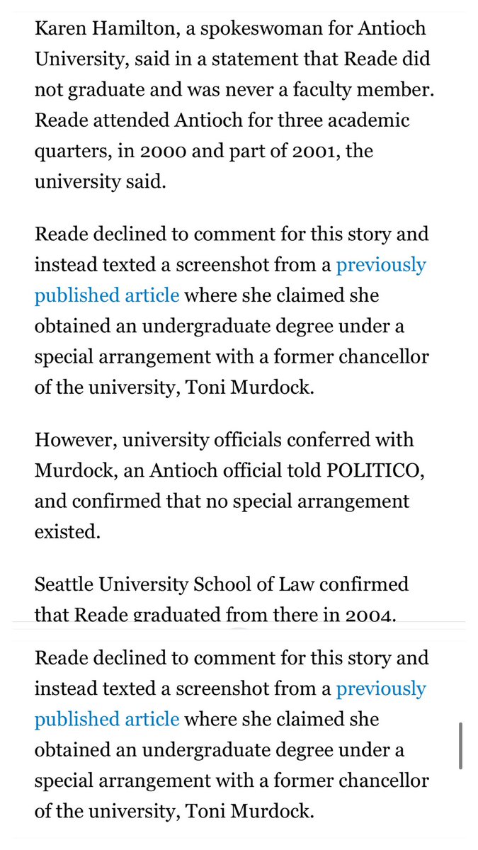 . @politico: Reade “attended Antioch for three academic quarters” and there was no “special arrangement” as she told  @mcweekly, NYT. Reade entered law school “under alternative admission program.”  https://www.politico.com/news/2020/05/21/tara-reade-biden-expert-testimony-274460