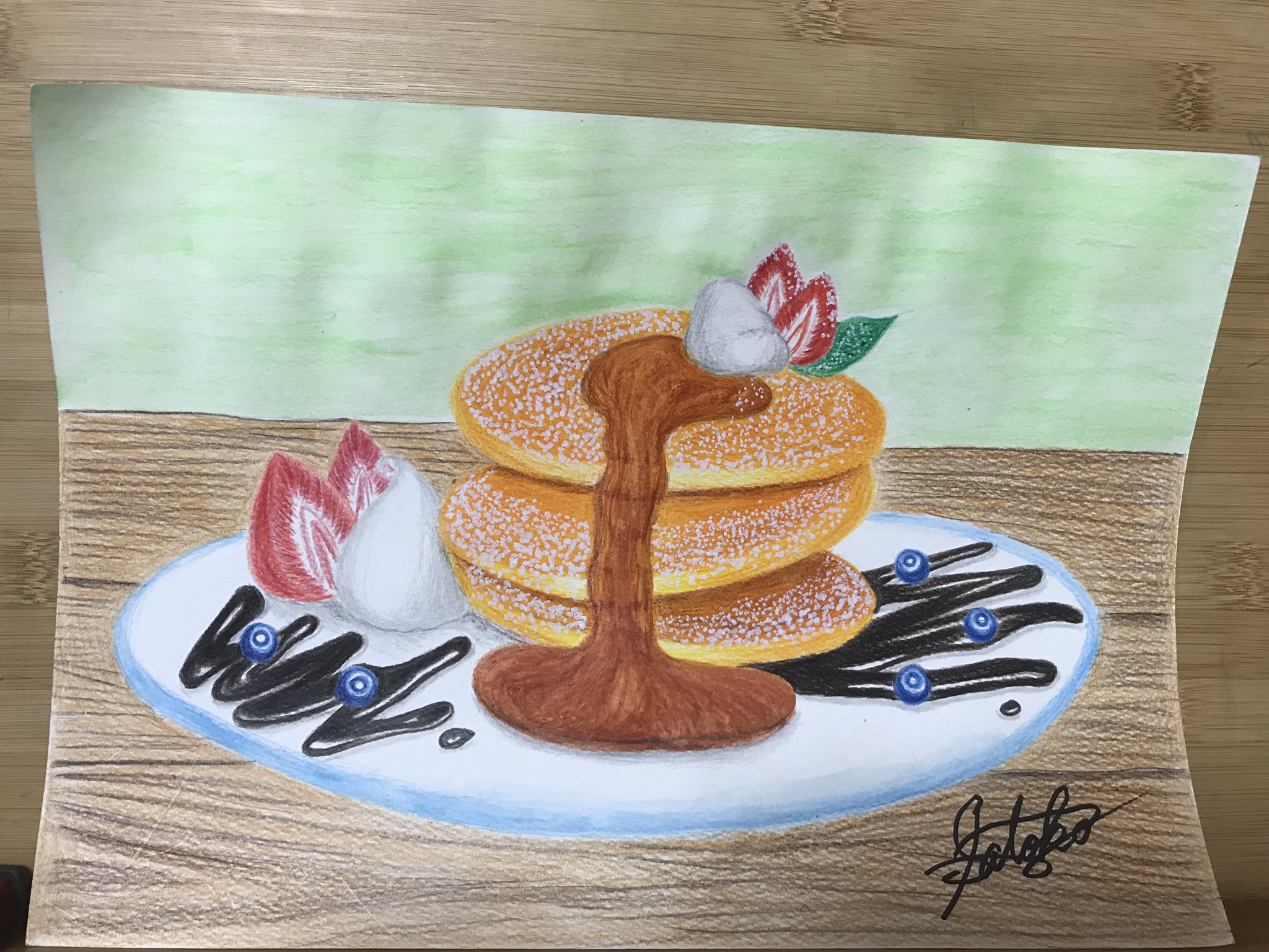 Dianne イラスト デジタルart 色鉛筆画 チョークアート 看板 パンケーキ対決で 描いたパンケーキ 楽しかった スイーツ パンケーキ パンケーキイラスト 水彩色鉛筆 水彩画 色鉛筆画 フルーツパンケーキ パンケーキアート スイーツメニュー