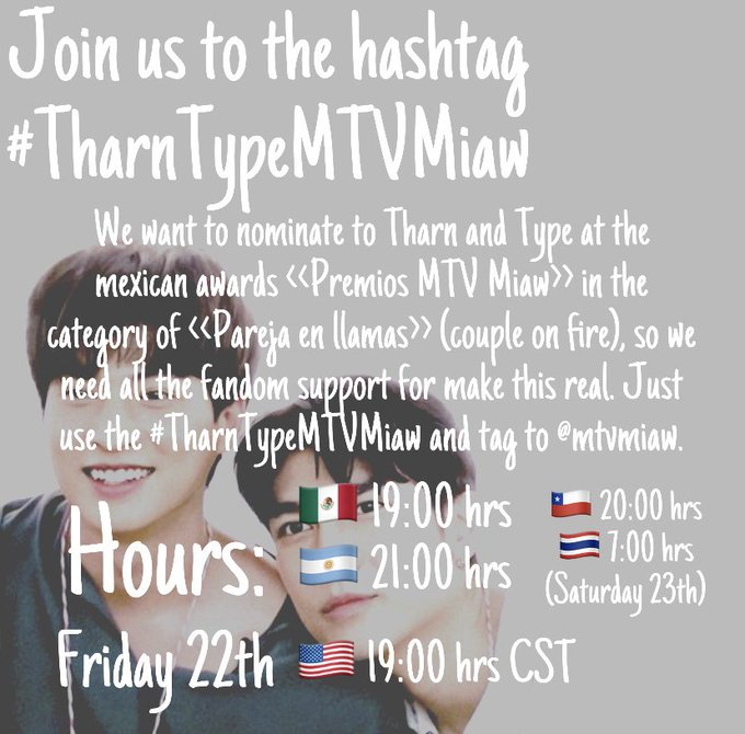 MewgulfMexico's tweet photo. Waajains we need your Power and support!

The “Premios MTV Miaw” there are a mexican awards and we eant to nominate to TharnType into the “Couple on fire” category, so we need your support using the hashtag #TharnTypeMTVMiaw tomorrow al 19:00 hrs (mexican time zone)  @mtvmiaw https://t.co/oWs3MOxRtb