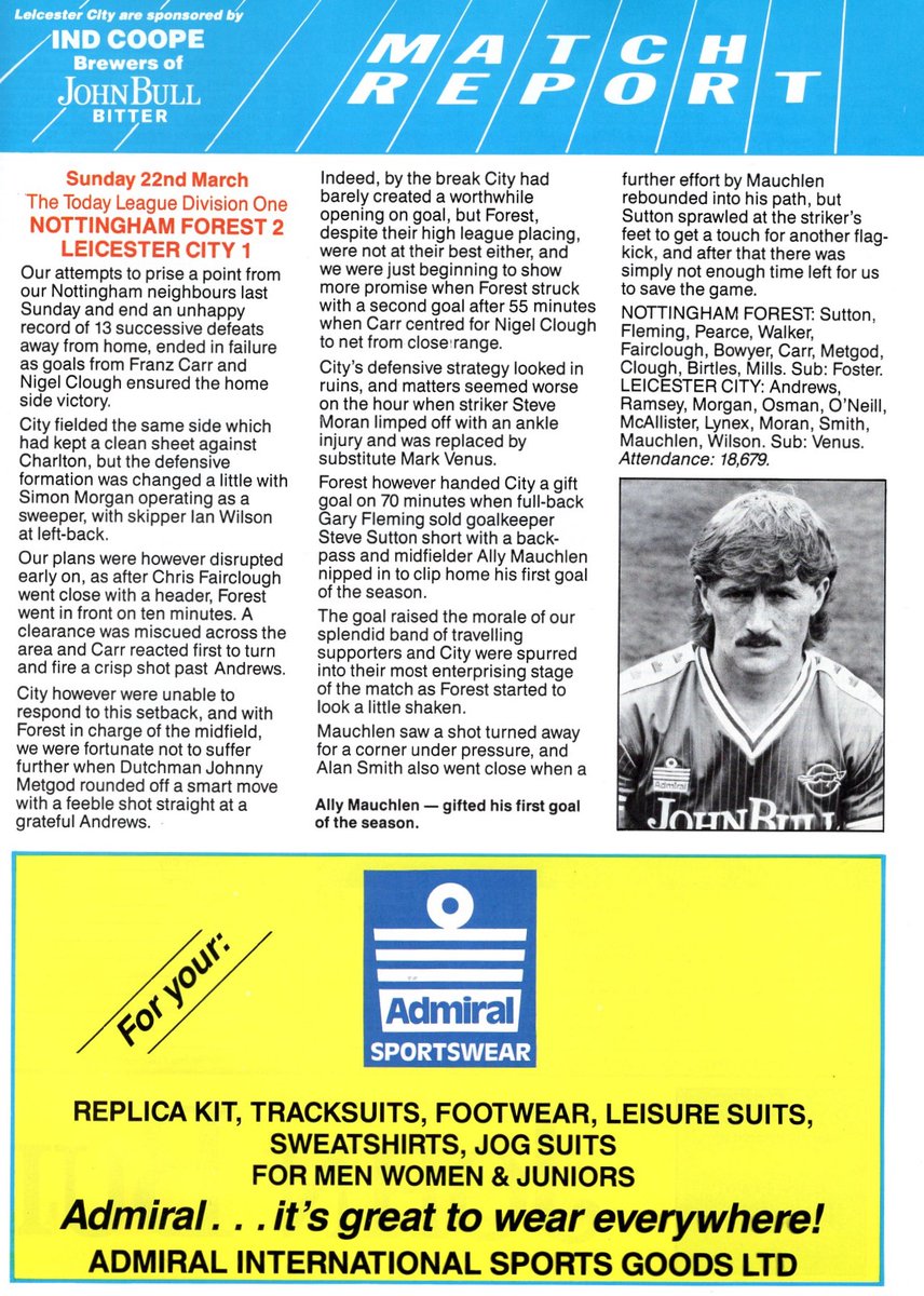LCFCprogs's tweet photo. 1/3
28th Mar 1987
#LCFC v #MCFC – Cover: #PaulRamsey in combative pose against #MUFC; match report from our habitual defeat at the #CityGround - #AliMauchlen nets, #SimonMorgan and the now on-loan (!) @9smudge are in the thick of it… https://t.co/N2TAcT3gtX