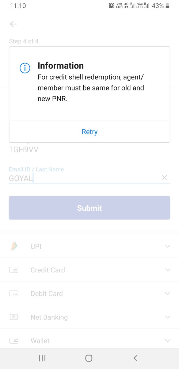 ankitgoyal2310's tweet photo. I am also not able to use the credit shell balance now. What is this? I am using same email, old pnr and my same last name guys but it says me this message attached. https://t.co/jJc5hIZdAc