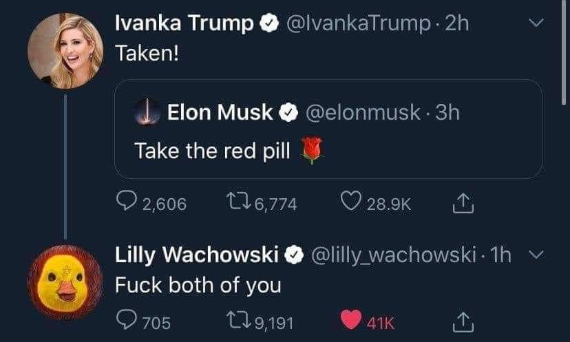 reddy97x's tweet photo. Imagina hacer uso de una metáfora de MATRIX con una interpretación totalmente disparatada y errónea, que uno de los hermanos Wachowski, aparece literal, después de décadas sin dar señales de vida respecto al significado de la película, solo para cagarse en tus muertos.

Precioso. https://t.co/t4RLAgHP5N