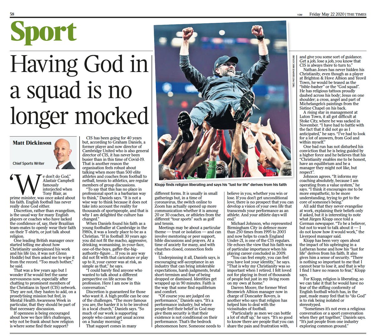 Here's the article from The Times today from @DickinsonTimes 👇

"Having God in a squad is no longer mocked."