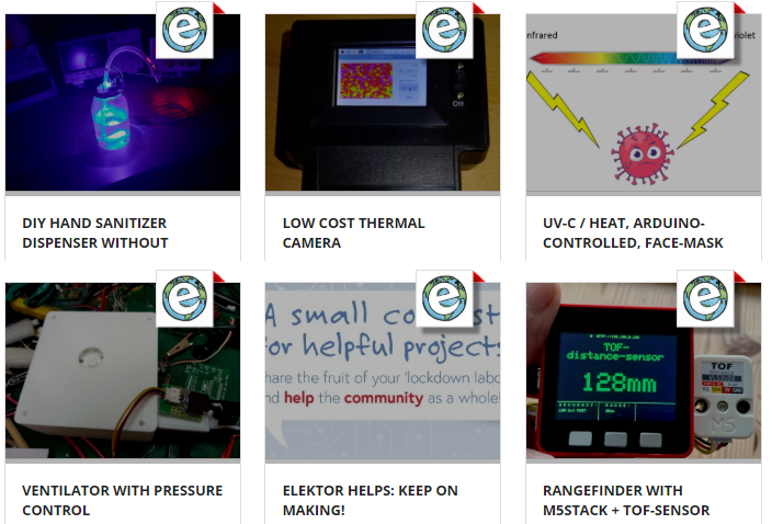 Elektor's tweet photo. Get inspired by these "Elektor Helps" projects: DIY hand sanitizer, low-cost thermal camera, Arduino-controlled face mask, a ventilator with pressure control, rangefinder with M5Stack + TOF-Sensor and ANNEX32!  https://t.co/P1oKTJ7Fqm #ElektorHelps #maker #DIYelectronics https://t.co/f6ijguYZHO