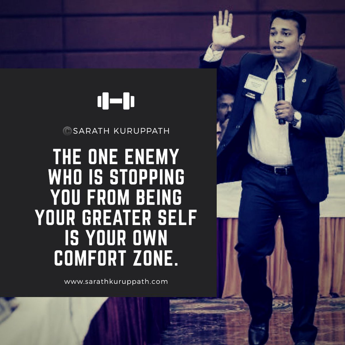sarathkuruppath's tweet photo. The one #enemy who is stopping you from being your #greater #self is your own #confort #zone.
#sarathkuruppath #sarathkuruppathquotes #motivationalspeaker #lifecoach #inspirationalquotes #businesscoach #leadershipcoach #4amclub #bniindia #graspit https://t.co/mfSNxUPOxu