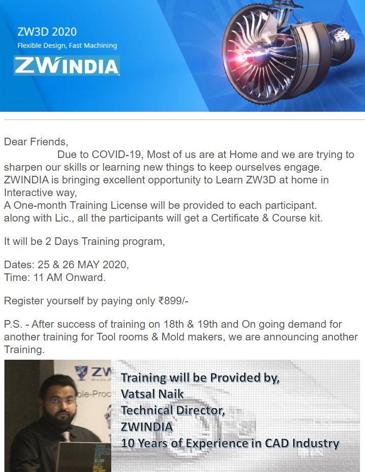 Mfgtechupdate's tweet image. ZWINDIA is bringing an excellent opportunity to learn ZW3D at home in an Interactive way! A One-month Training License will be provided to each participant along with Lic., all the participants will get a Certificate &amp;amp; Course kit.
Enroll Now:  lnkd.in/gAfh554