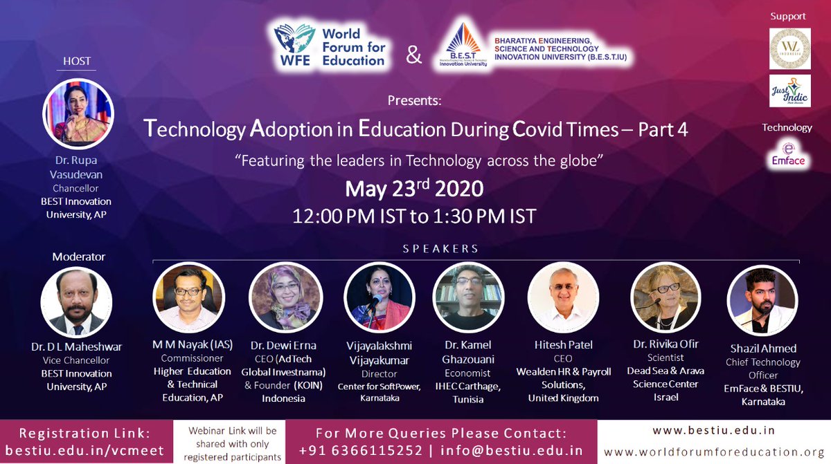bestiu20's tweet photo. Part 4 of Webinar - Technology Adoption in Education During COVID Times - a Global Perspective.
Registration Link: https://t.co/8uM0tYN4dM
#technology #ICTinEducation #learning #BESTIU #WFE #WWLC #YAAC2020 #COVID #educationleadership #leadersspeak https://t.co/9Q34cVsIWm