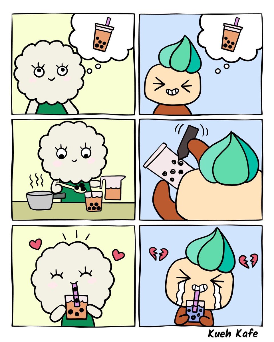 KuehKafe's tweet photo. Flower and Gem B love to drink bubble tea. Gem B’s bubble tea cannot make it.
.
Tidbit: Cannot Make It is Singlish. CMI means that something got no standard. Got No Standard is also Singlish and means that something is not good enough.
.
#bubbletea #comics #lockdown #COVID19 https://t.co/ht8T2FOjaq