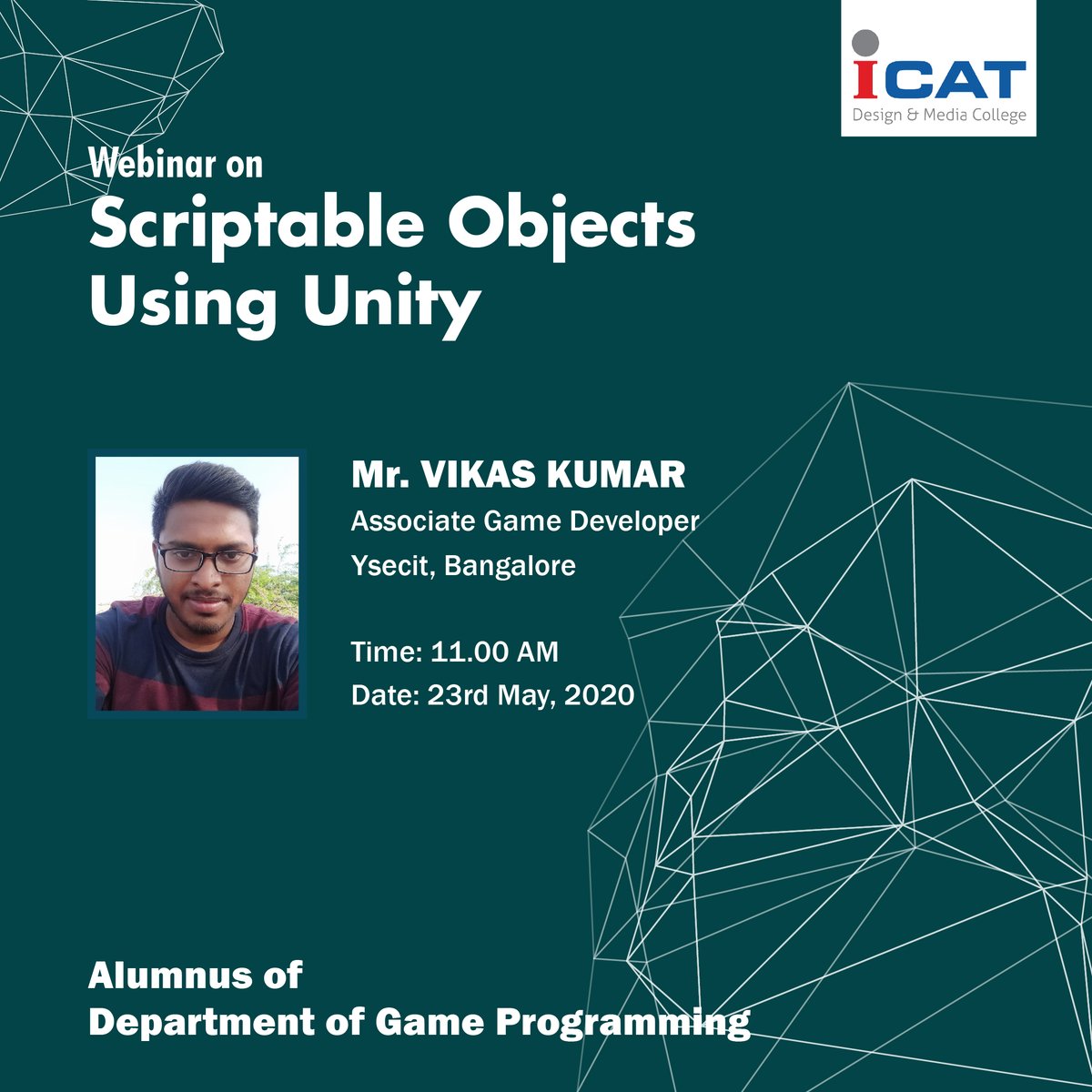 icathyderabad's tweet image. Webinar on Scriptable Objects Using Unity
By Mr. Vikas Kumar
An alumnus of the Department of Game Programming
.
.
.
.
Vikas Kumar
Game Programming
#scriptableobjects #unity #unity3d #unityprogramming #gameprogramming #gameprogrammer #icathyderabad