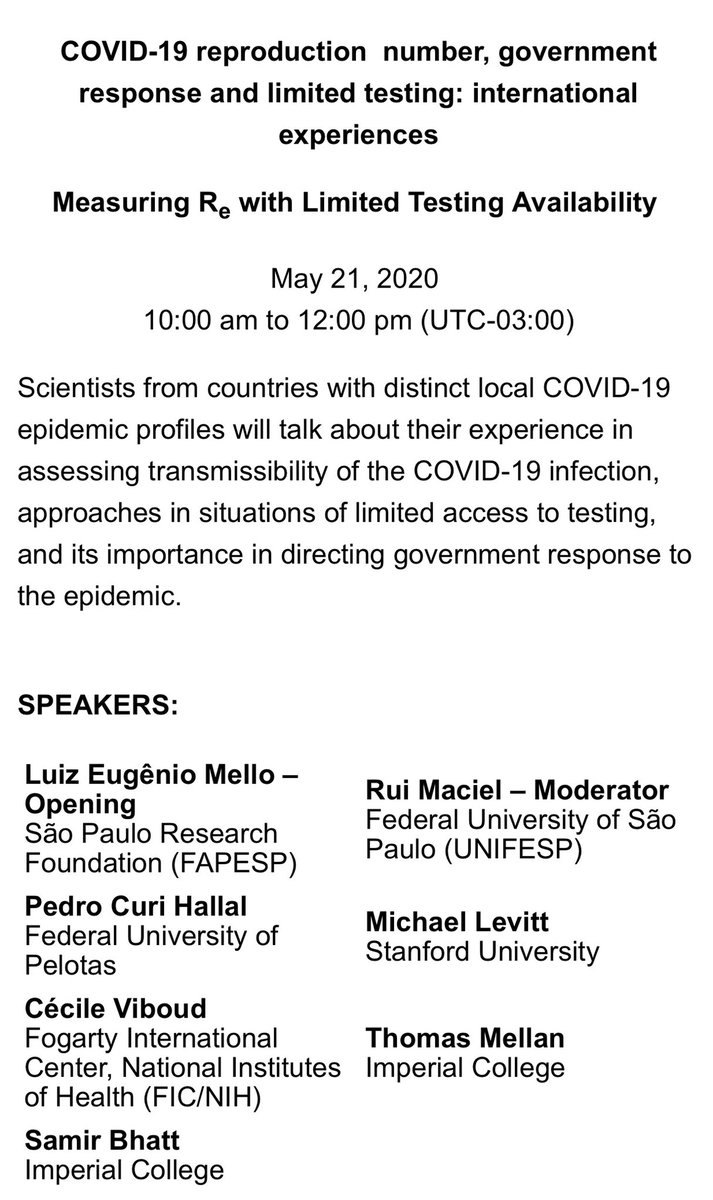MLevitt_NP2013's tweet photo. Just took part in a Zoom meeting in Brazil organized by FAPESL with interesting presentations from real epidemiologists from Brazil, NIH, US and Imperial College, London. Learnt a lot: R0 is hard to calculate and R(t) is sort of like log[C(t)/C(t-1)]? https://t.co/yni96TIEhK https://t.co/tg8lL2bjLg