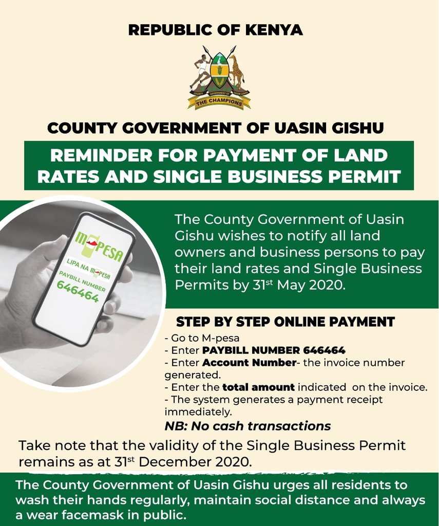 UGC_TheChampion's tweet photo. REMINDER FOR PAYMENT OF LAND RATES AND SINGLE BUSINESS PERMIT
@UGC_TheChampion wishes to notify all land owners and business persons to pay their land rates and Single Business Permit by 31st May 2020.
#TULIPEKODI #COVID19KE https://t.co/DH2lrvSSSj