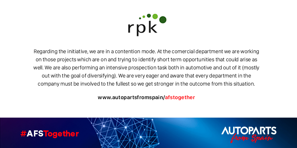 AUTOPARTS_SPAIN's tweet photo. #AFStogether 👉|🗣️"We are performing an intensive prospection task both in automotive and out of it, mostly out with the goal of diversifying" by @RpkCoop 

👉Discover the experience of Autoparts From Spain’s companies to overcome the COVID19 😷 : https://t.co/hthKXGkbsv https://t.co/Q2iLL9cddu