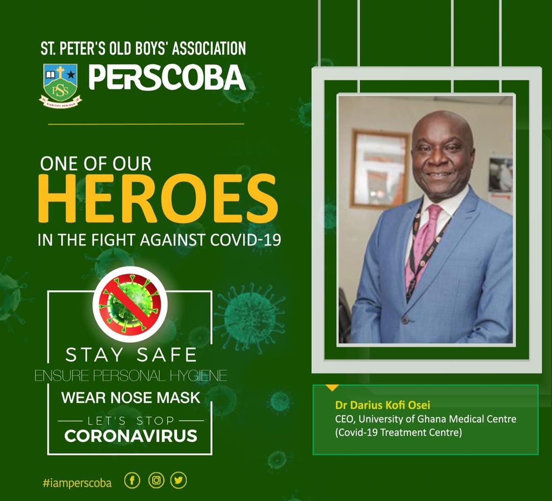 *_Celebrating Our Own_*

📍One of our heroes in the fight against Covid-19

*Perscoba Dr Darius Kofi Osei*

📍CEO, University of Ghana Medical Centre (Covid-19 Treatment Centre) 

Stay safe &amp; let's stop the spread.
#iamperscoba