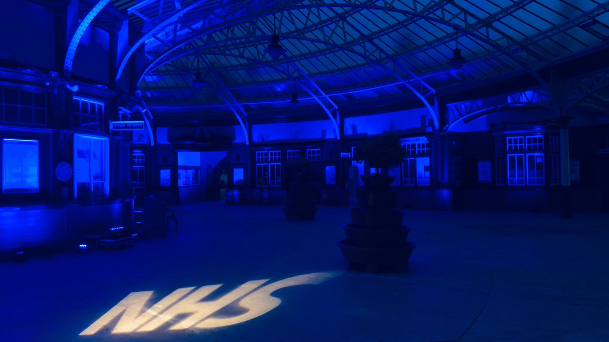 NetworkRailSCOT's tweet photo. Wemyss Bay railway station was lit up blue last night, to show solidarity with key workers and front-line NHS staff all across the country.

Looks awesome doesn't it?

#ClapForKeyWorkers #LightItBlue https://t.co/wxDL9Jv2Yj