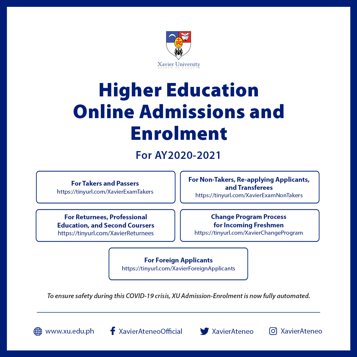 XavierAteneo's tweet photo. #XavierAteneo Office of the Vice President for Higher Education is releasing its guidelines on the online admission &amp; enrolment process and schedule for the school year 2020-2021.

Note! To ensure safety during this COVID-19 crisis, XU Admission-Enrolment is now fully automated. https://t.co/XrXkWqtmEh