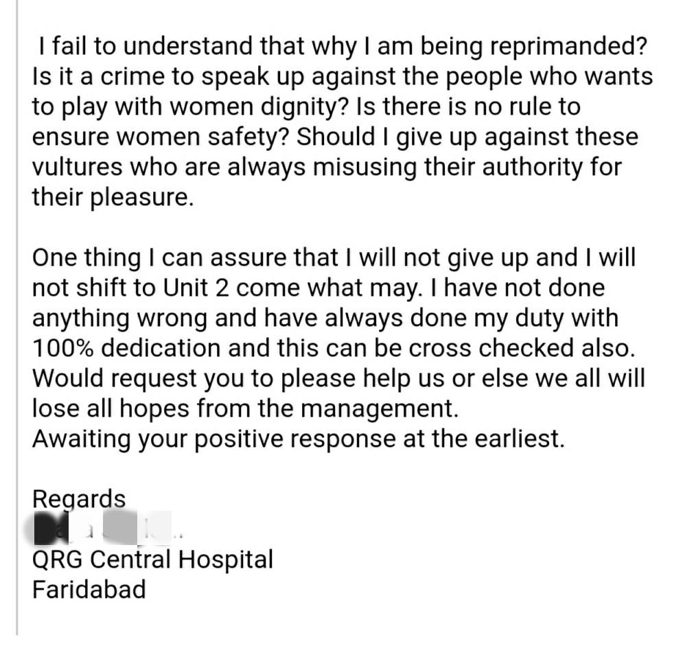 anuragdhanda's tweet photo. This is shocking. Such things going on openly in our society &amp; we leave the victim to fight her own battle. This lady is being sexually harassed at Faridabad Hospital &amp; the management is punishing her rather thn culprit. Plz help her. @mlkhattar @NCWIndia @sharmarekha @FBDPolice https://t.co/NZYgQpZlFZ