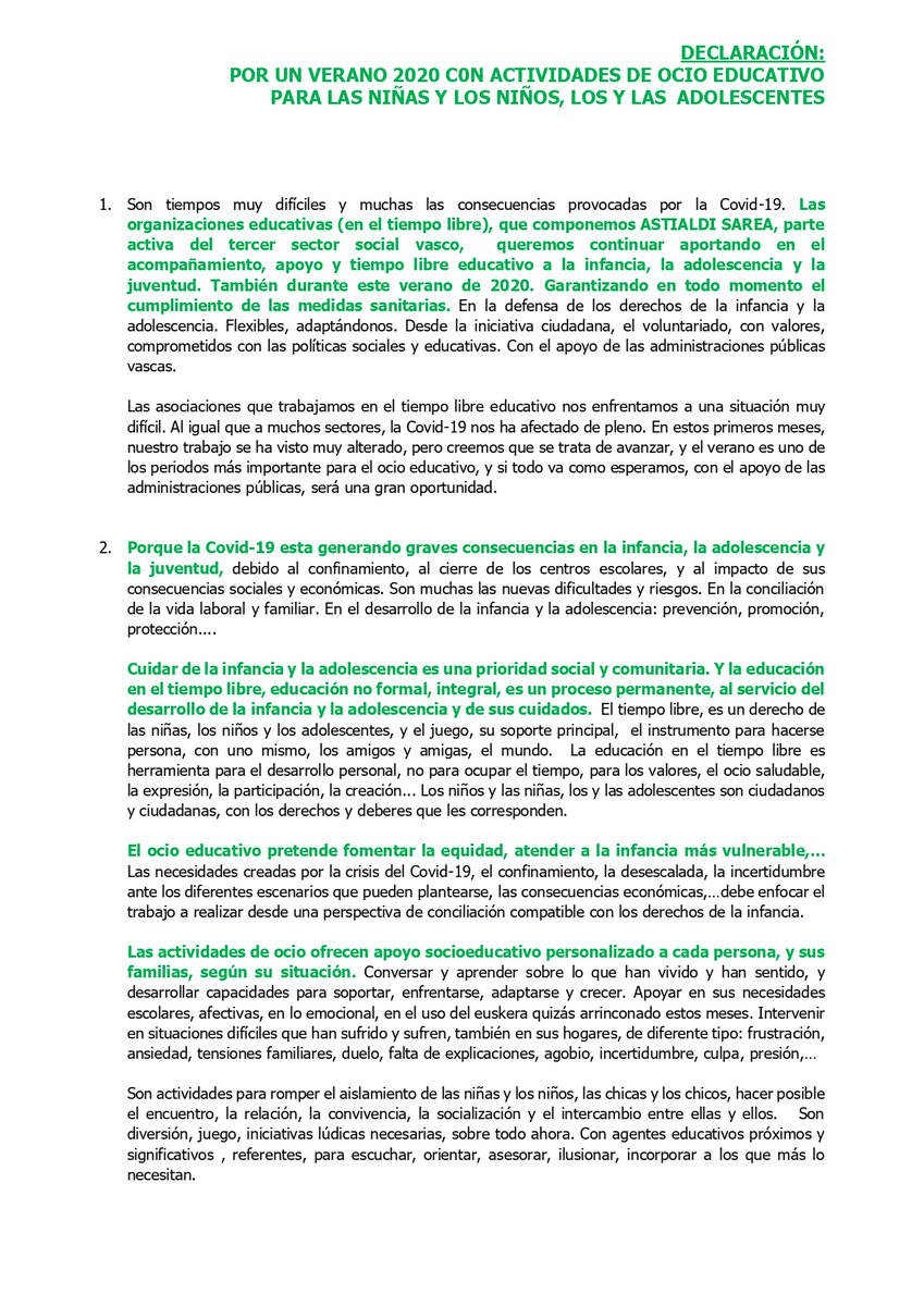 portusarea's tweet photo. Declaración: Por un #Verano2020 con actividades de ocio educativo para las niñas y los niños, y los y las adolescentes. #uda2020 #astialdisarea 
https://t.co/9x5Y4Vb0Ry https://t.co/x0KqpzTaNw