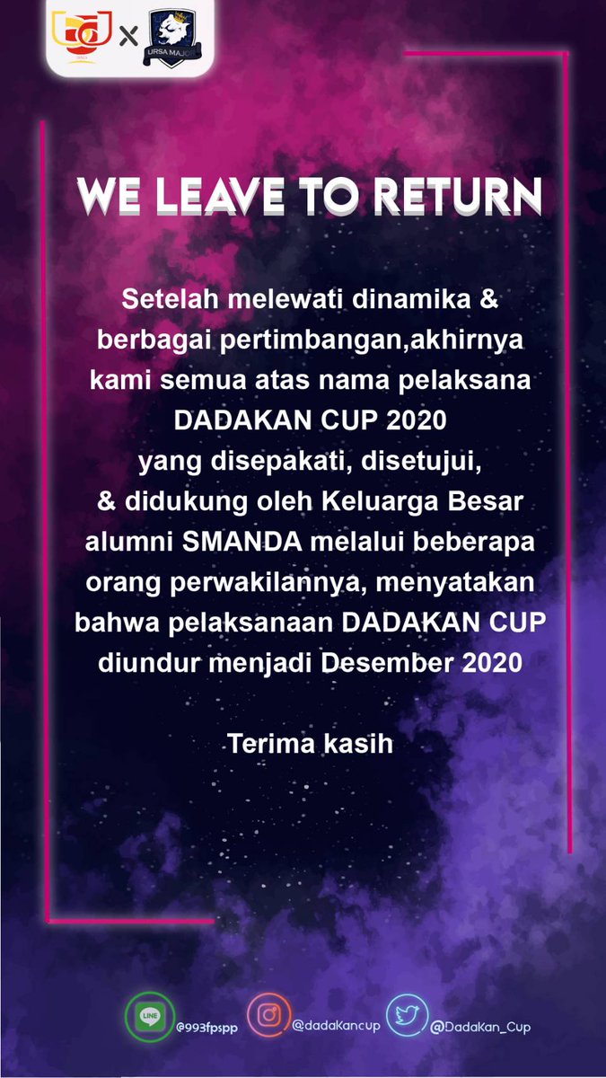 Dadakan_Cup's tweet photo. [ PENGUMUMAN ]

Setelah melewati dinamika dan berbagai pertimbangan, akhirnya kami semua atas nama pelaksana Dadakan Cup 2020, yang disepakati yang disetujui dan didukung oleh seluruh keluarga besar alumni SMANDA, https://t.co/BwRkqL7pkk