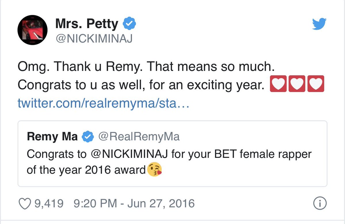 2016: In June of this year Remy congratulates Nicki on her win for Best Female Rapper at the BET Awards