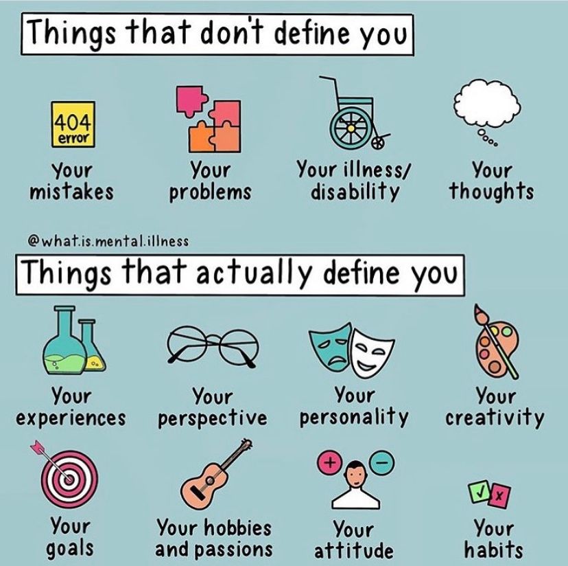 wearepower_net's tweet photo. Things that 𝗱𝗼𝗻'𝘁 define you vs. things that 𝗮𝗰𝘁𝘂𝗮𝗹𝗹𝘆 define you.

#MentalHealthAwareness #MentalHealthMatters https://t.co/Bjjpw6FWDD