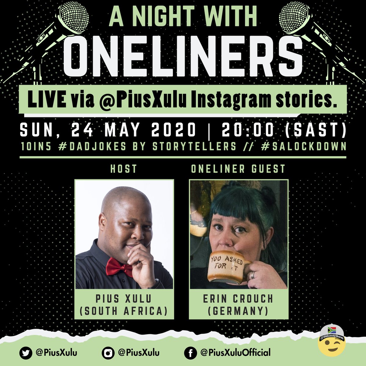 PiusXulu's tweet photo. #ANightWithOneliners hosts storytellers doing #Oneliners this coming Sunday LIVE via https://t.co/LJ75X8J5hX Stories. 10 comedians doing 5 minutes each. #10In5 #SALockdown 😷 🎤 📱 🇿🇦 https://t.co/HRa5GMVVT3